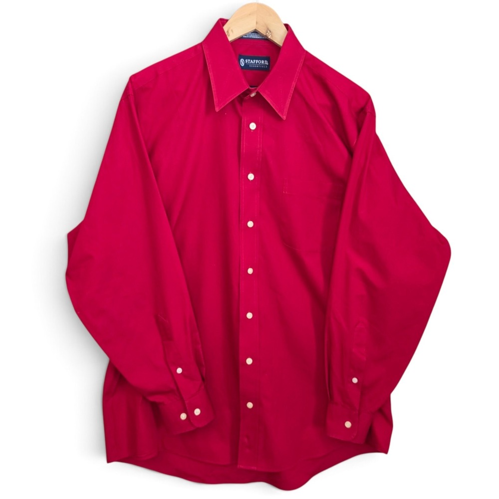 Stafford Essentials Dress Shirt Mens 16-16.5 34/35 Large Red Long Sleeve Classic